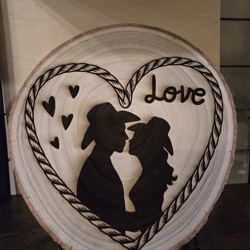 Cowboy, Cowgirl Love, Laser Engraved natural wooden circle, 8" With Stand.